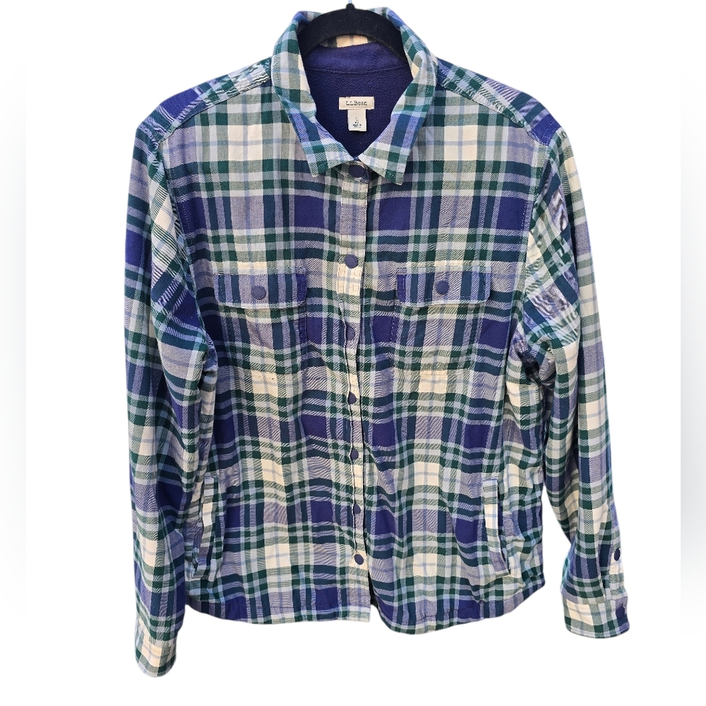 L.L. Bean Women's Plaid Fleece Lined Flannel Snap Front Shacket Shirt Large